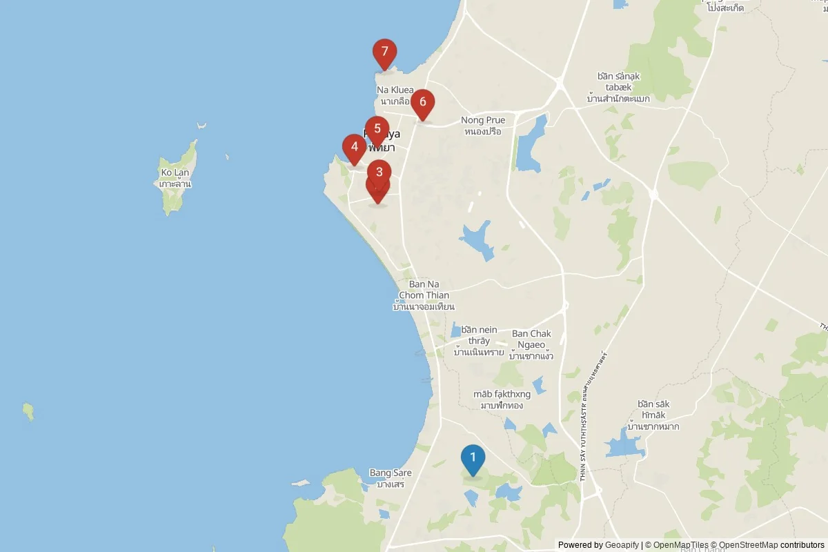 Karta över sevärdheter i Pattaya — 7 sevärdheter i 2 kluster; dagsutflykter i tabellen