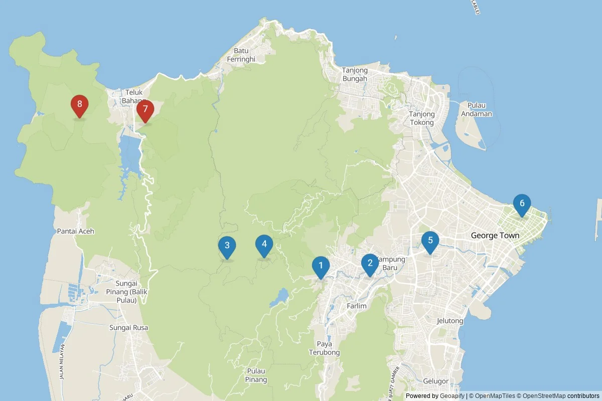 Karta över sevärdheter i Penang — 8 sevärdheter i 2 kluster; dagsutflykter i tabellen