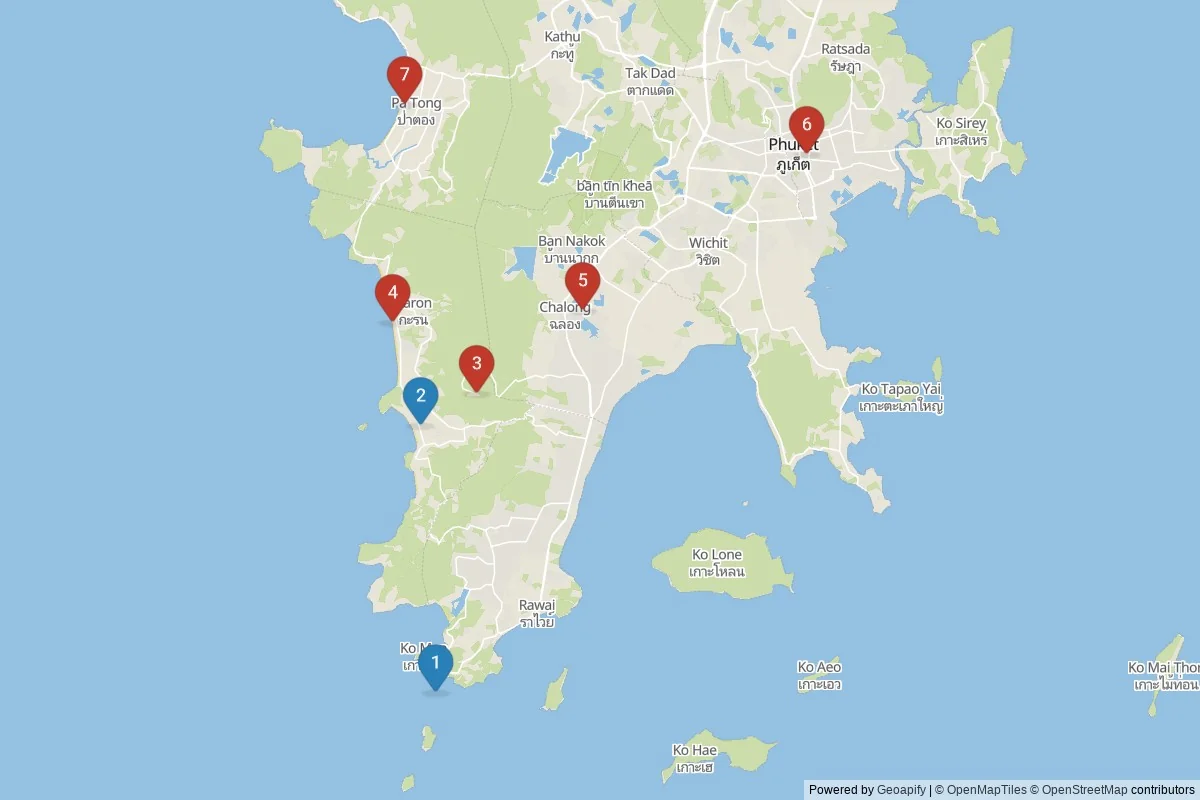 Karta över sevärdheter i Phuket — 7 sevärdheter i 2 kluster; dagsutflykter i tabellen