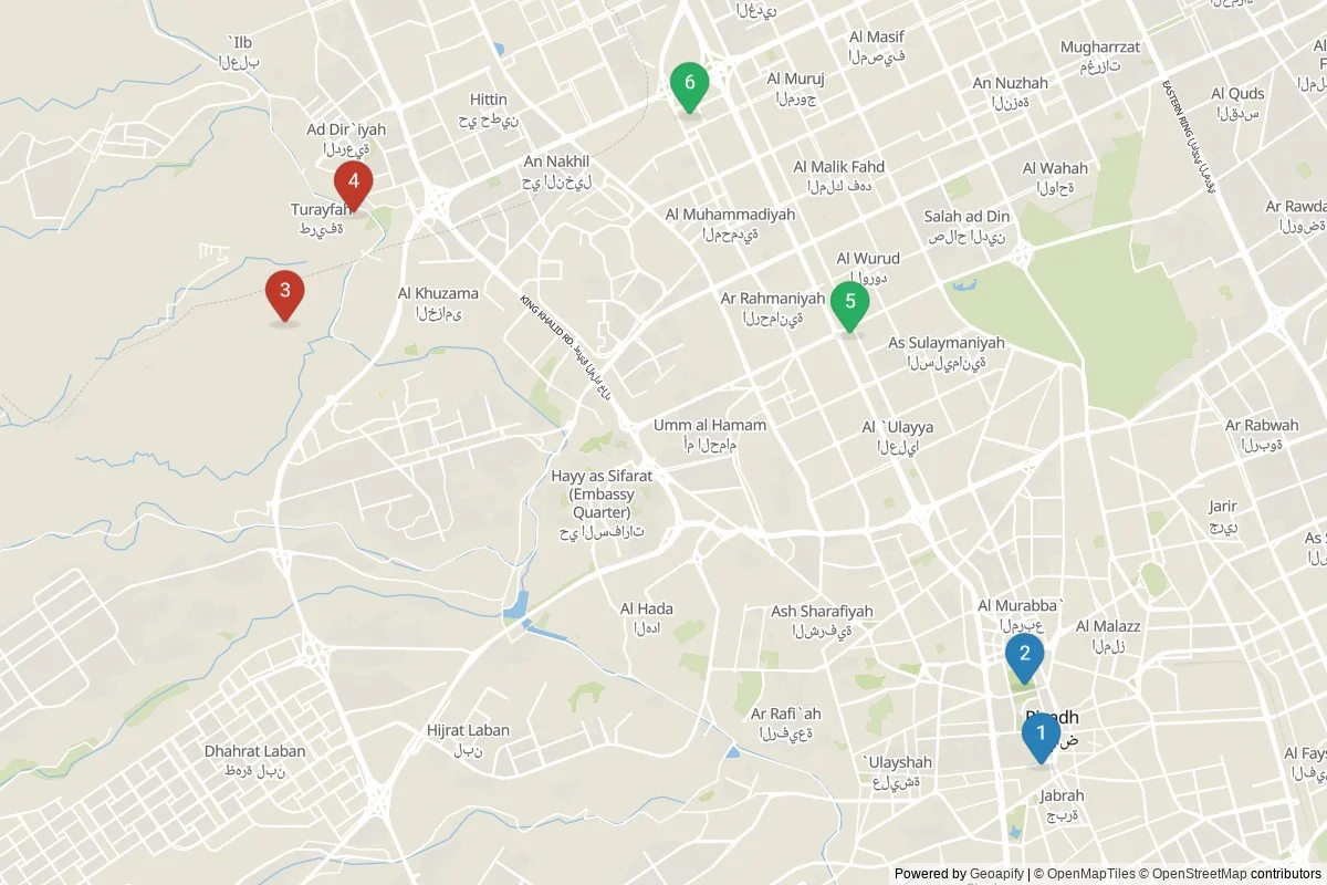 Karta över sevärdheter i Riyadh — 6 sevärdheter i 3 kluster; dagsutflykter i tabellen