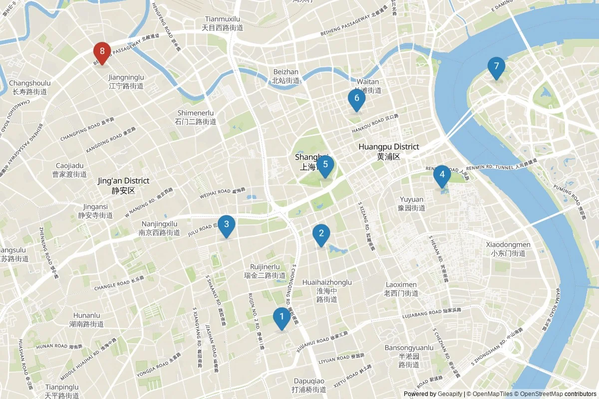 Karta över sevärdheter i Shanghai — 8 sevärdheter i 2 kluster; dagsutflykter i tabellen