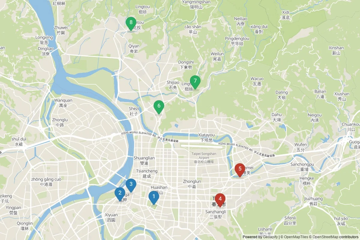 Karta över sevärdheter i Taipei — 8 sevärdheter i 3 kluster; dagsutflykter i tabellen