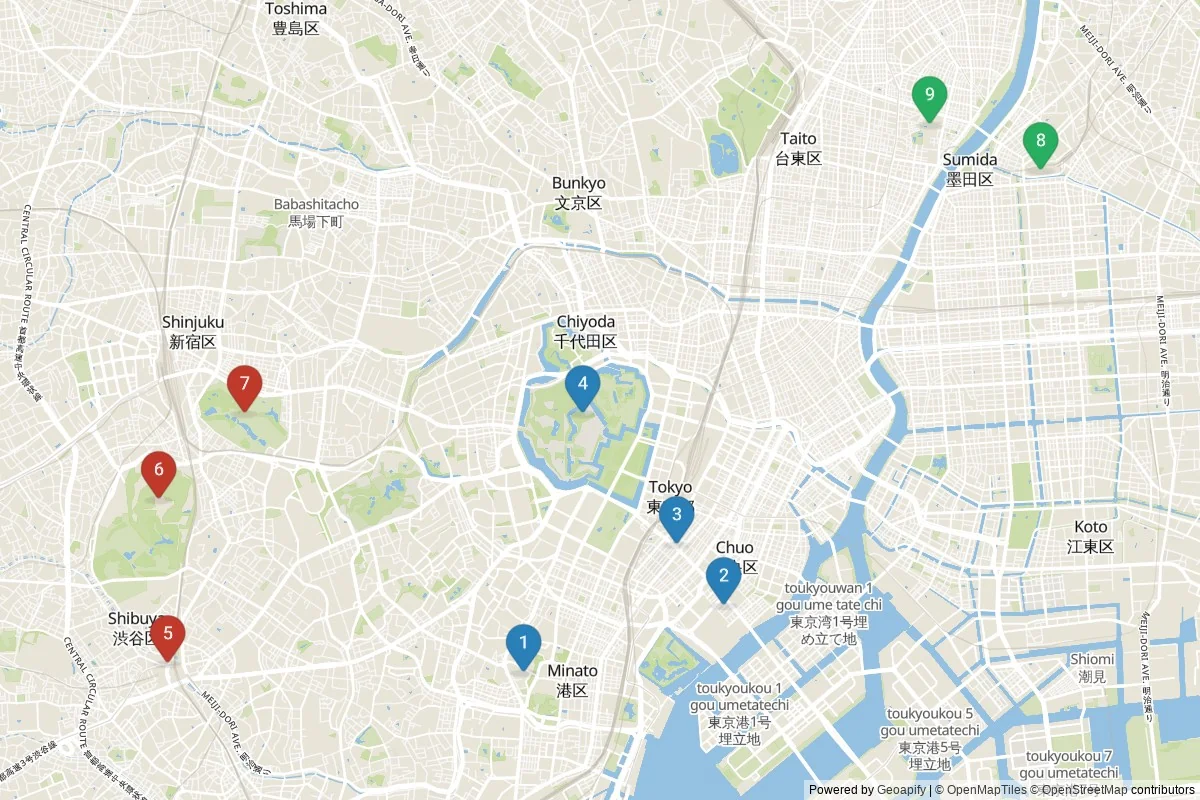 Karta över sevärdheter i Tokyo — 9 sevärdheter i 3 kluster; dagsutflykter i tabellen