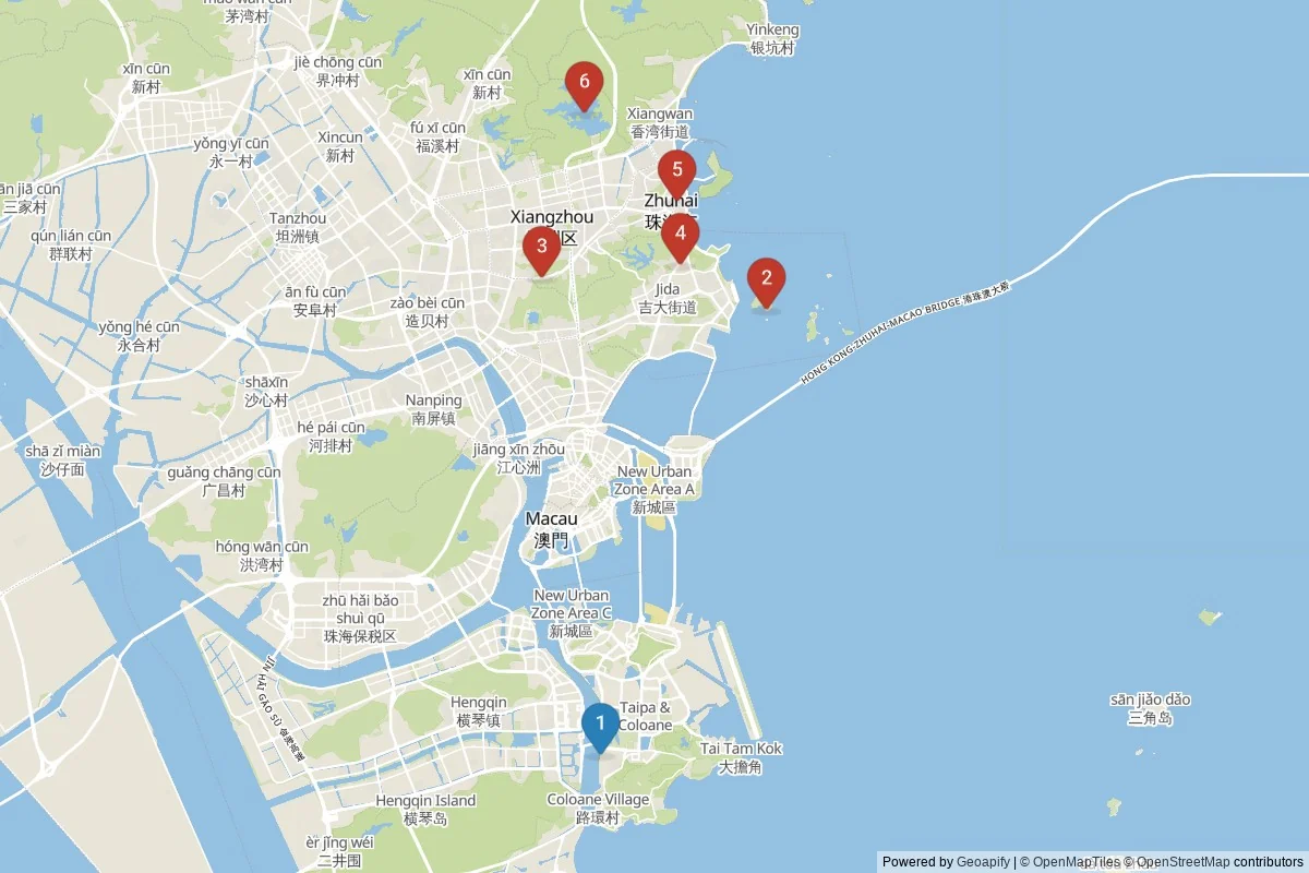 Karta över sevärdheter i Zhuhai — 6 sevärdheter i 2 kluster; dagsutflykter i tabellen