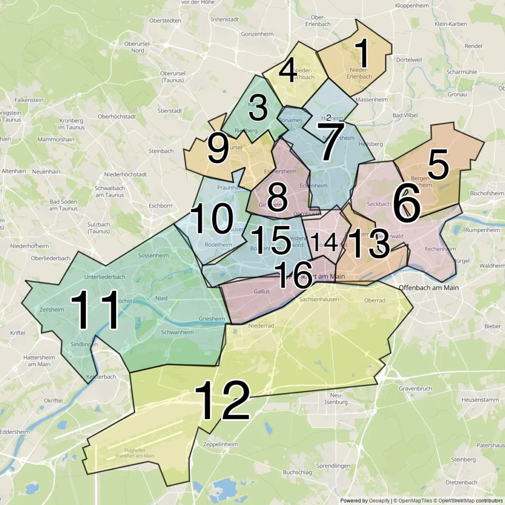 Karta över Frankfurt am Mains 16 stadsdelar (Stadtteile)