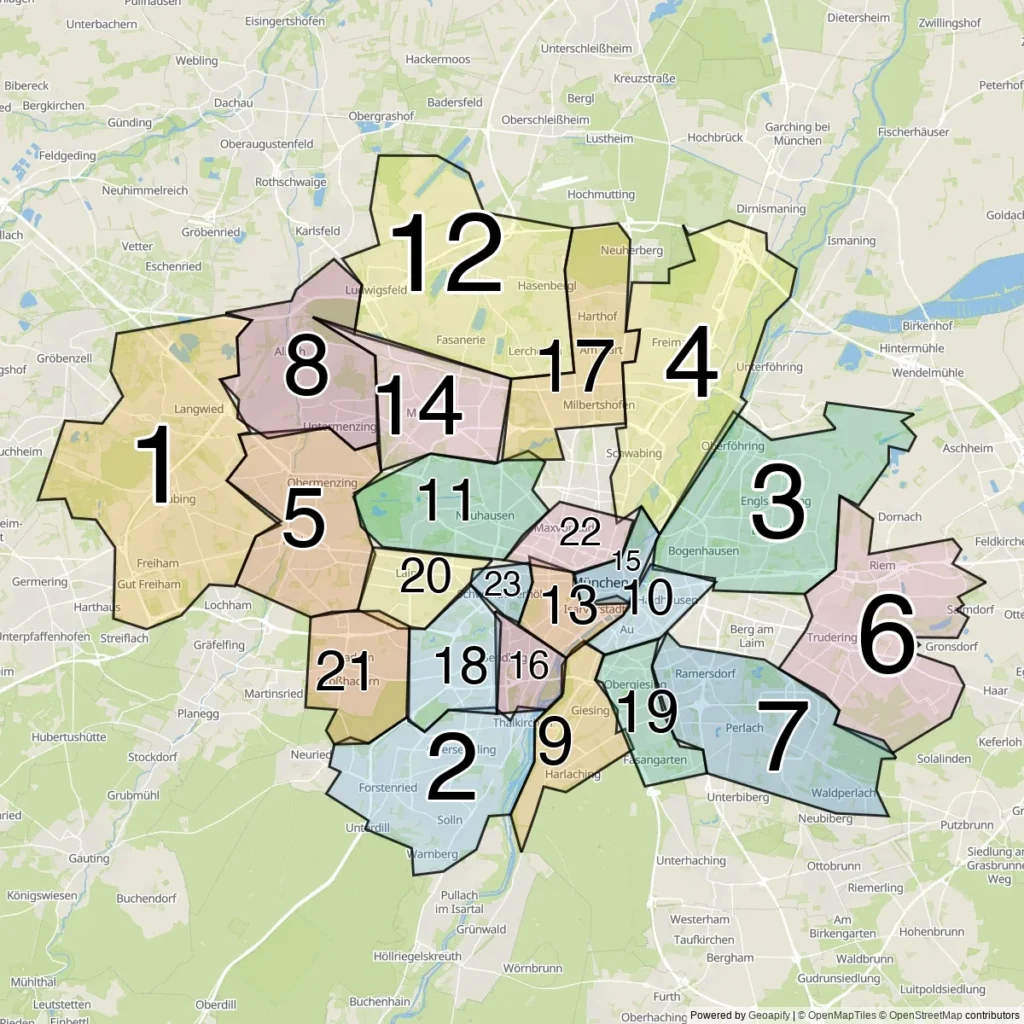Karta över Münchens 25 stadsdelar (Stadtbezirke)