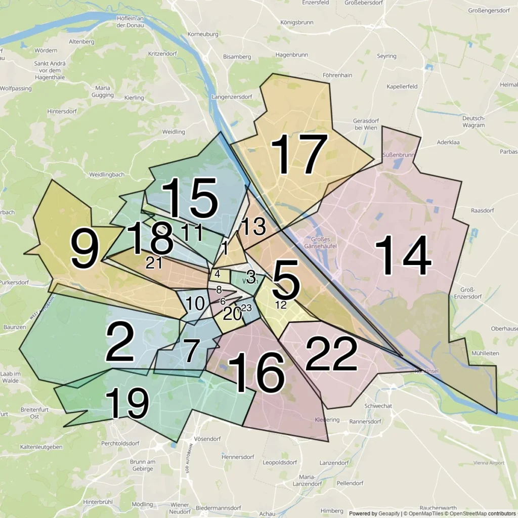 Karta över Wiens 23 distrikt med administrativa gränser (OSM)